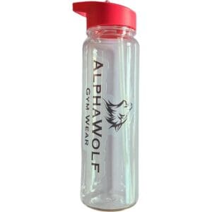 A water bottle with the words alphawolf on it.