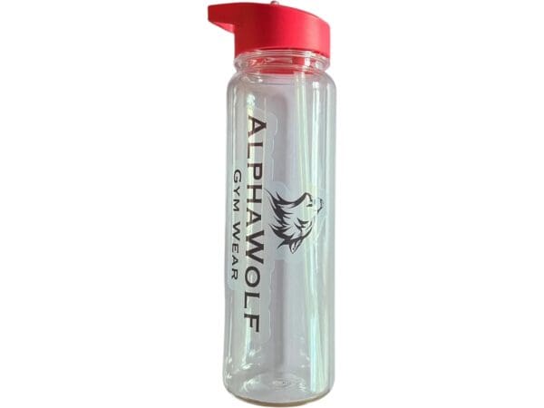 A water bottle with the words alphawolf on it.