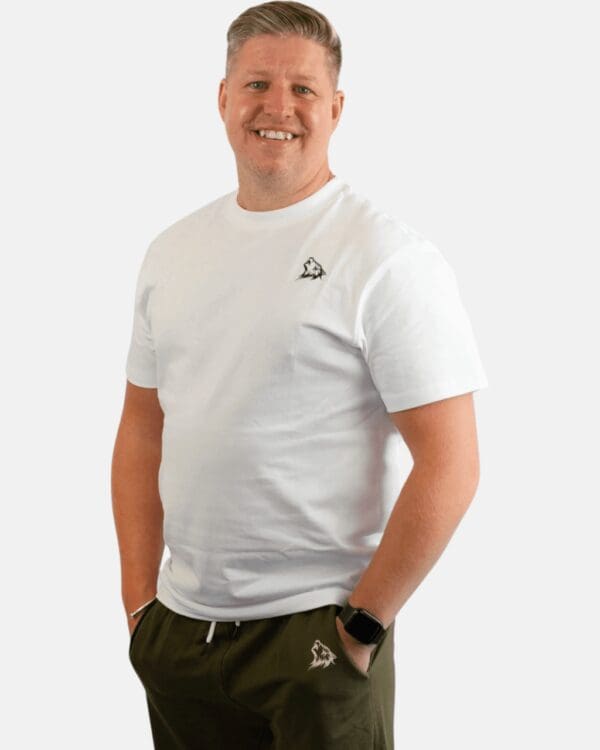 A man standing in front of the camera wearing white shirt.