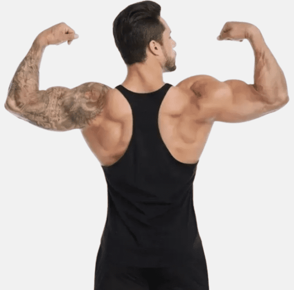 Man flexing muscles in black tank top.