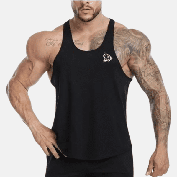 Man in black tank top with wolf logo.