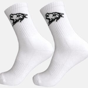 A pair of white socks with black wolf on the side.