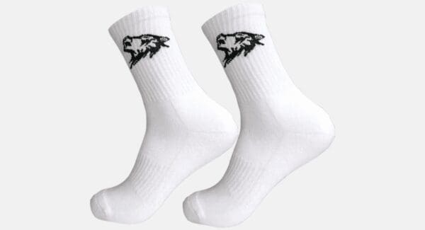 A pair of white socks with black wolf on the side.