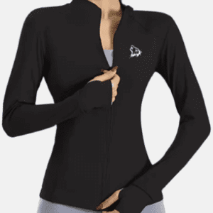 Black athletic zip-up jacket with wolf logo.