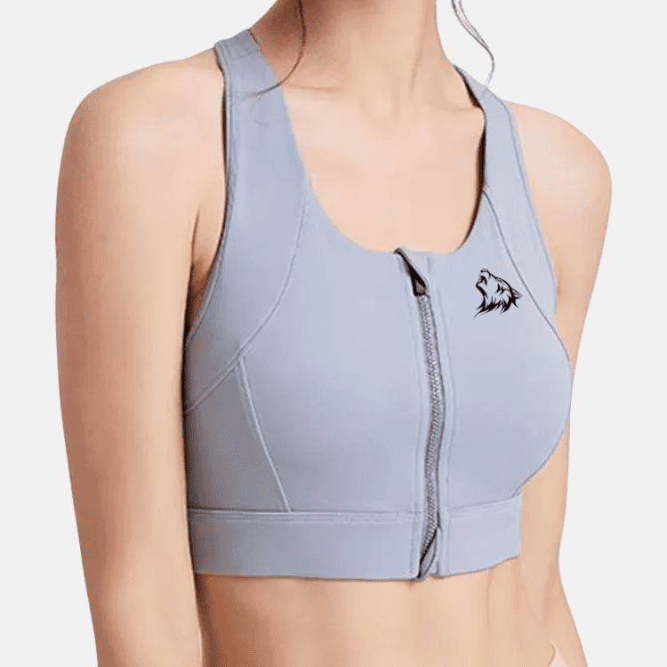 Gray zip-front sports bra with wolf logo.