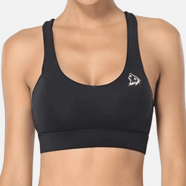 Black sports bra with wolf logo.