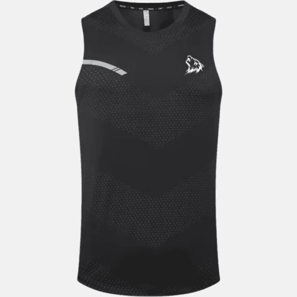 Black sleeveless running shirt with wolf logo.