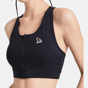 Black sports bra with zipper and wolf logo.