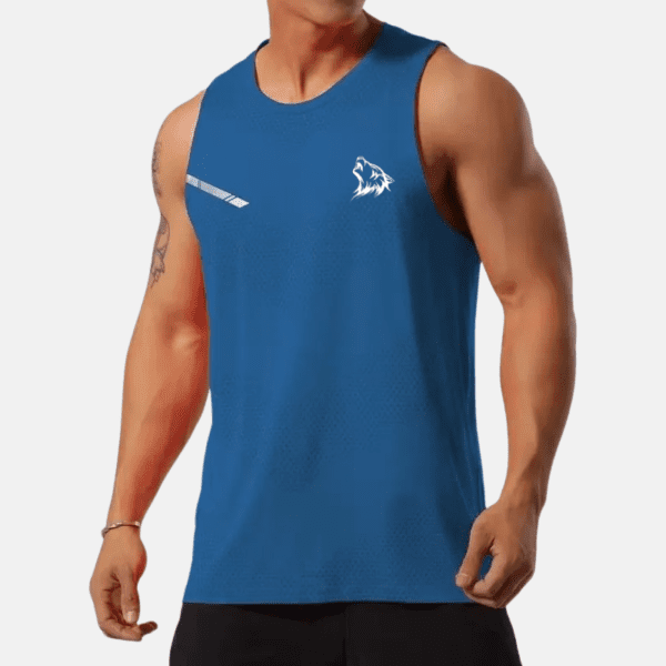 Man wearing a blue sleeveless shirt with a wolf logo.