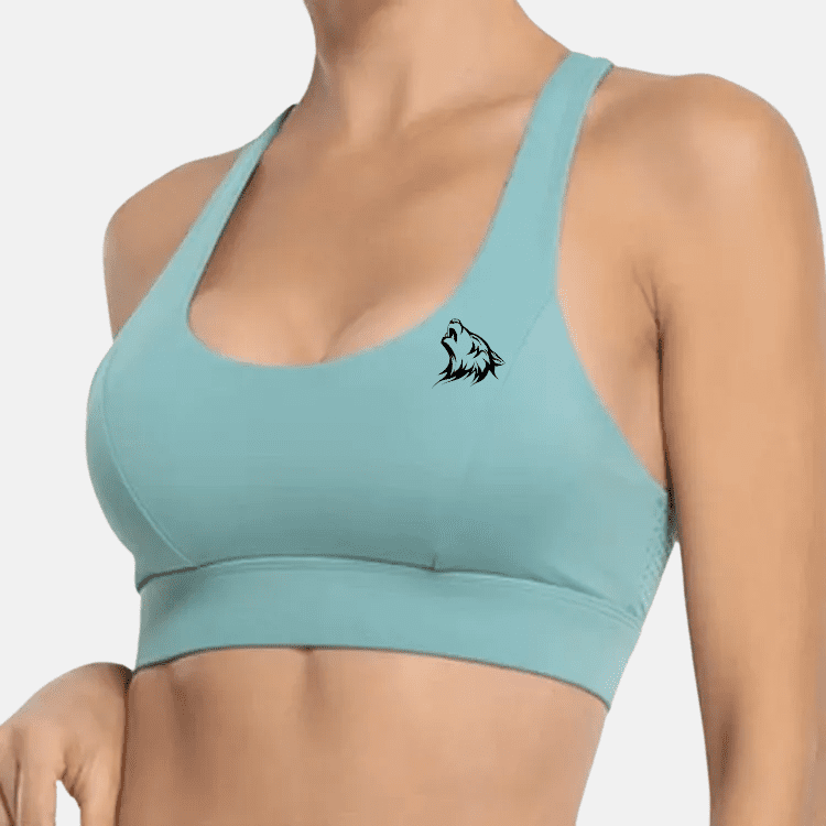 Blue sports bra with wolf logo.