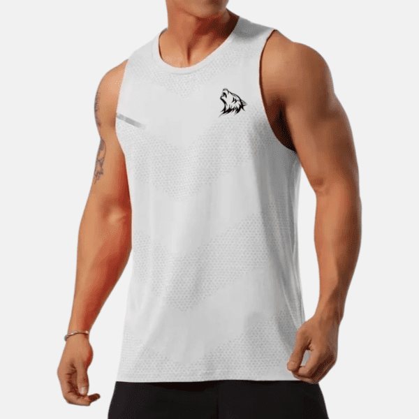 White sleeveless shirt with wolf logo.